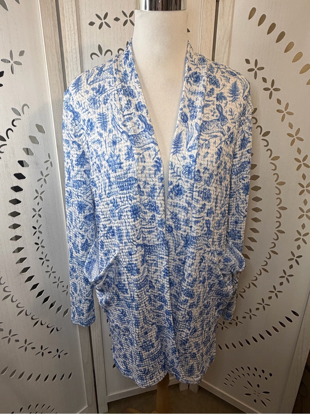 French Blue and White Toile Bunny Cardigan
